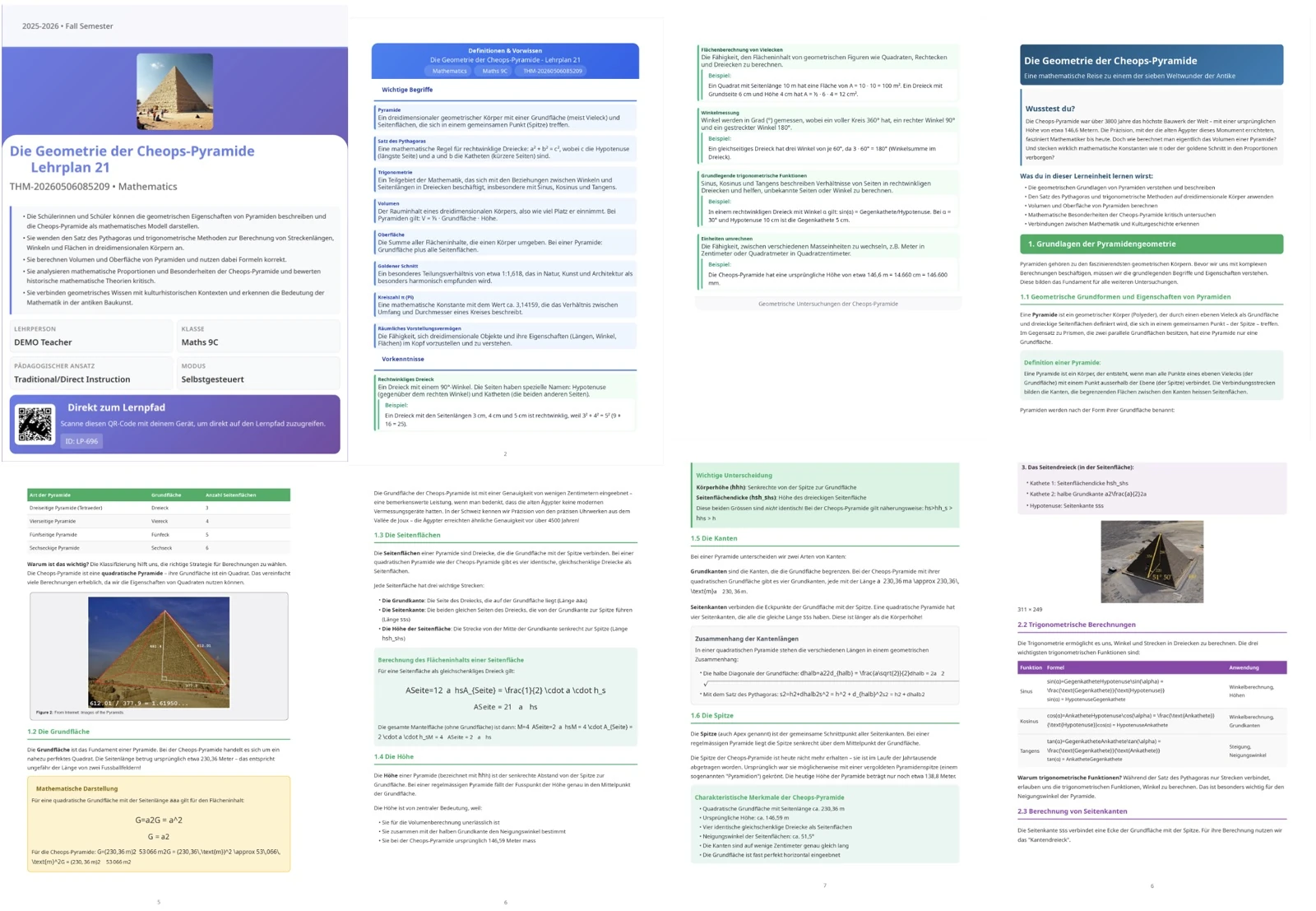 Generierter Lernpfad als PDF, «Die Geometrie der Cheops-Pyramide»: strukturierter Unterrichtsablauf mit Lernzielen, Aufgaben und Aktivitäten, Lehrplan-21-konform.