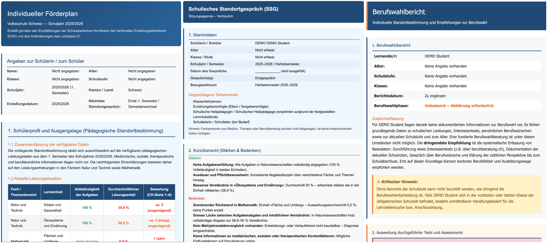 Drei automatisch generierte Berichte für Lernende aus HUB360: individuelle Förderpläne, schulisches Standortgespräch, Berufswahlbericht.