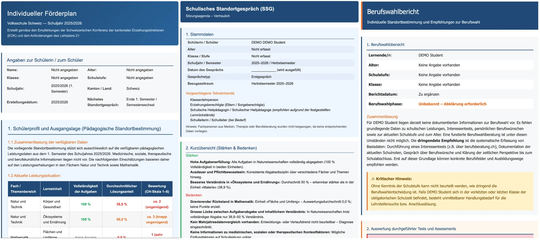 Drei automatisch generierte Berichte für Lernende aus HUB 360: individuelle Förderpläne, schulisches Standortgespräch, Berufswahlbericht.