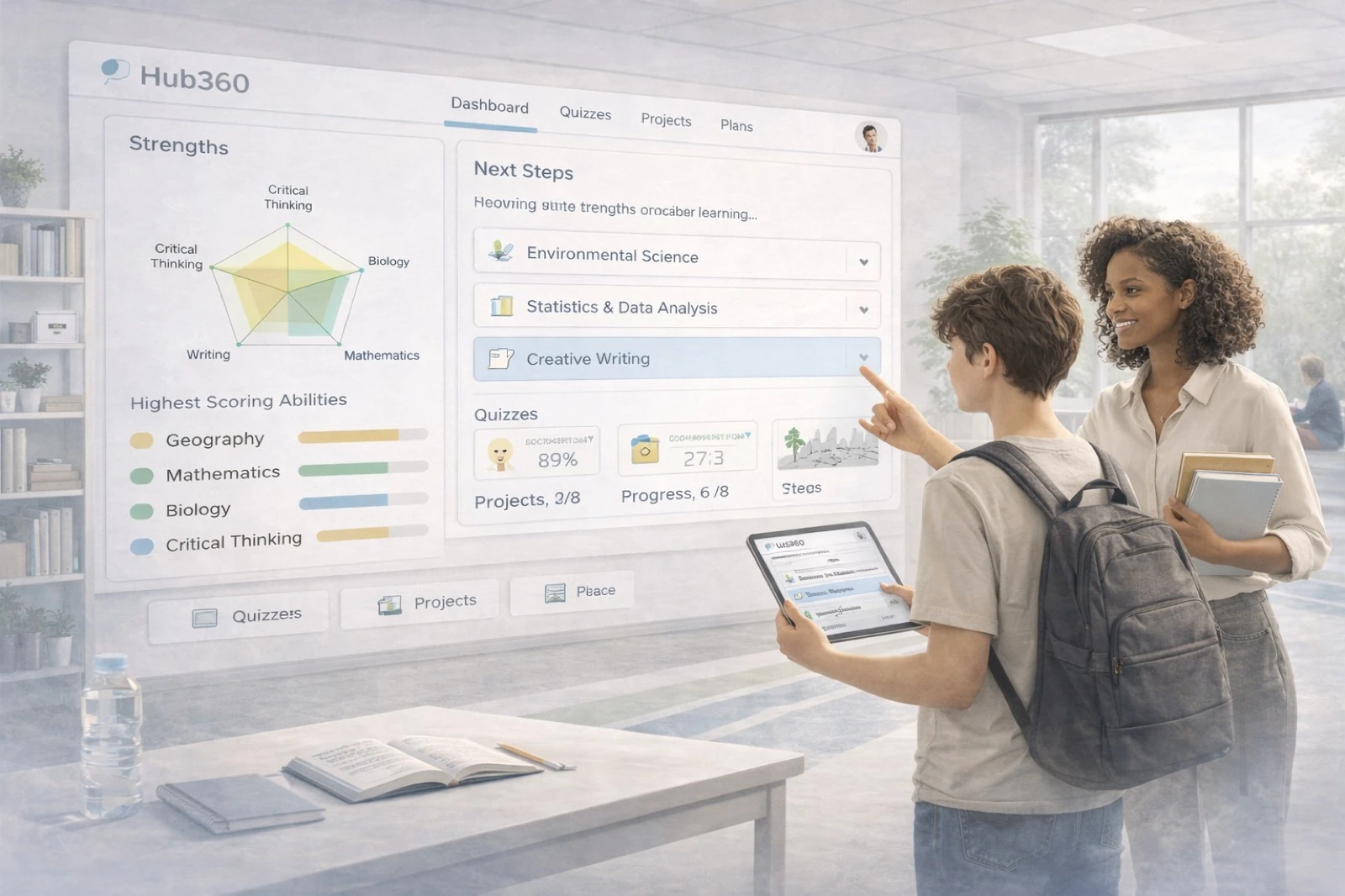 Lehrperson und Schüler:in vor dem HUB-360-Dashboard im Klassenzimmer, Stärkenprofile, Lernpfade und nächste Schritte werden gemeinsam besprochen.
